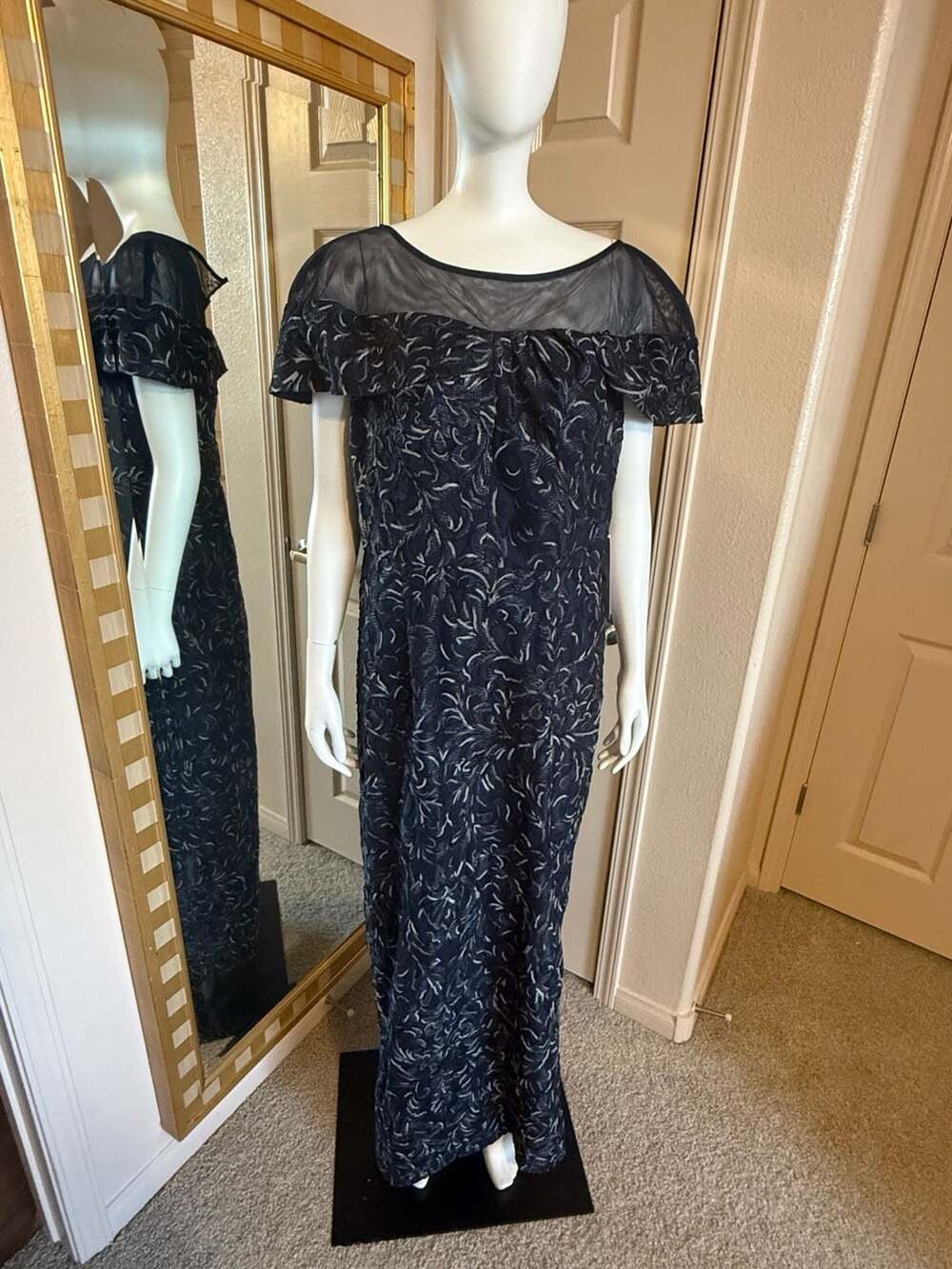 Js Collections Navy Embroidered Evening Gown